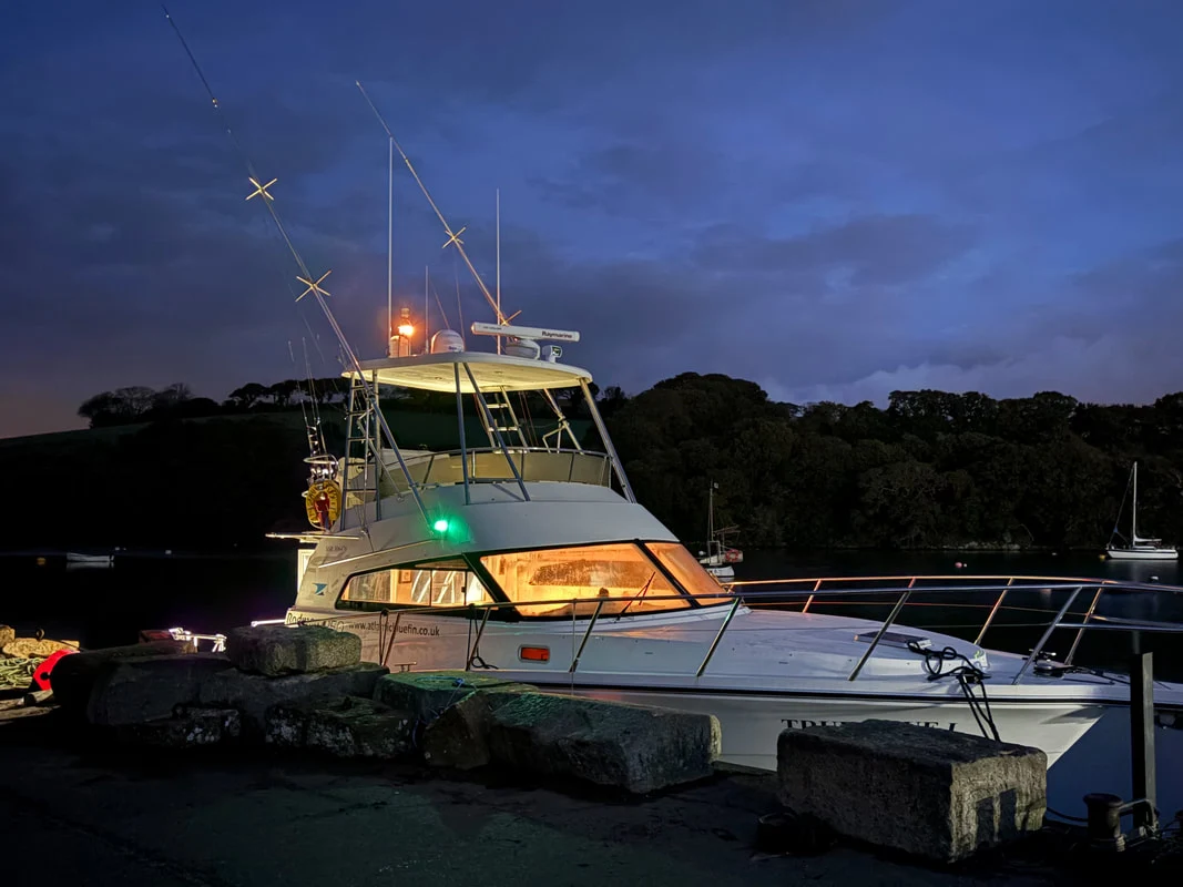 True Blue lit up at its mooring in the evening